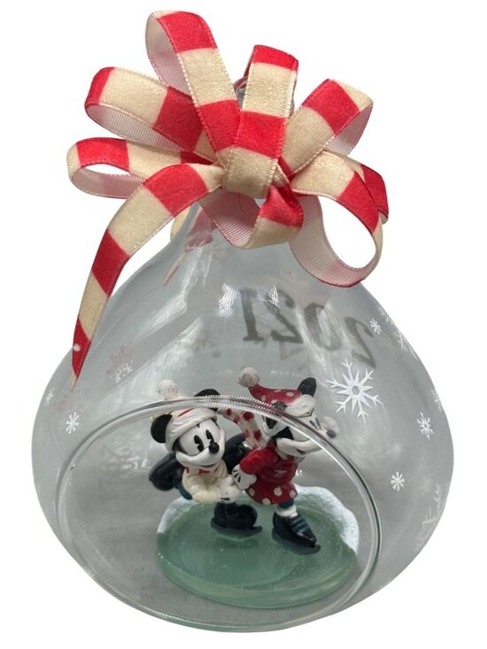 Disney Mickey & Minnie Mouse 2021 Glass Christmas Ornament With Red Bow READ - Picture 1 of 8